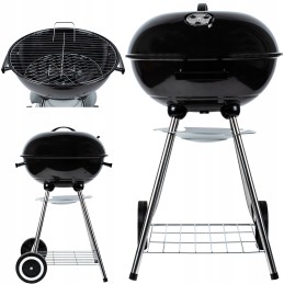 Garden charcoal grill with lid, large round ash pan, wheels, shelf