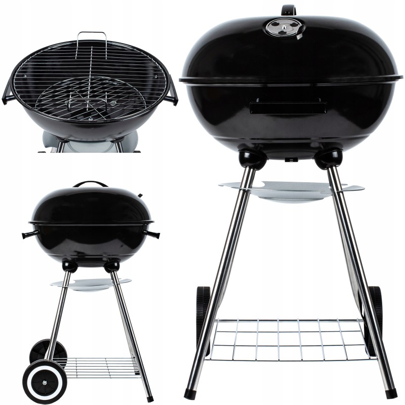 Garden charcoal grill with lid, large round ash pan, wheels, shelf