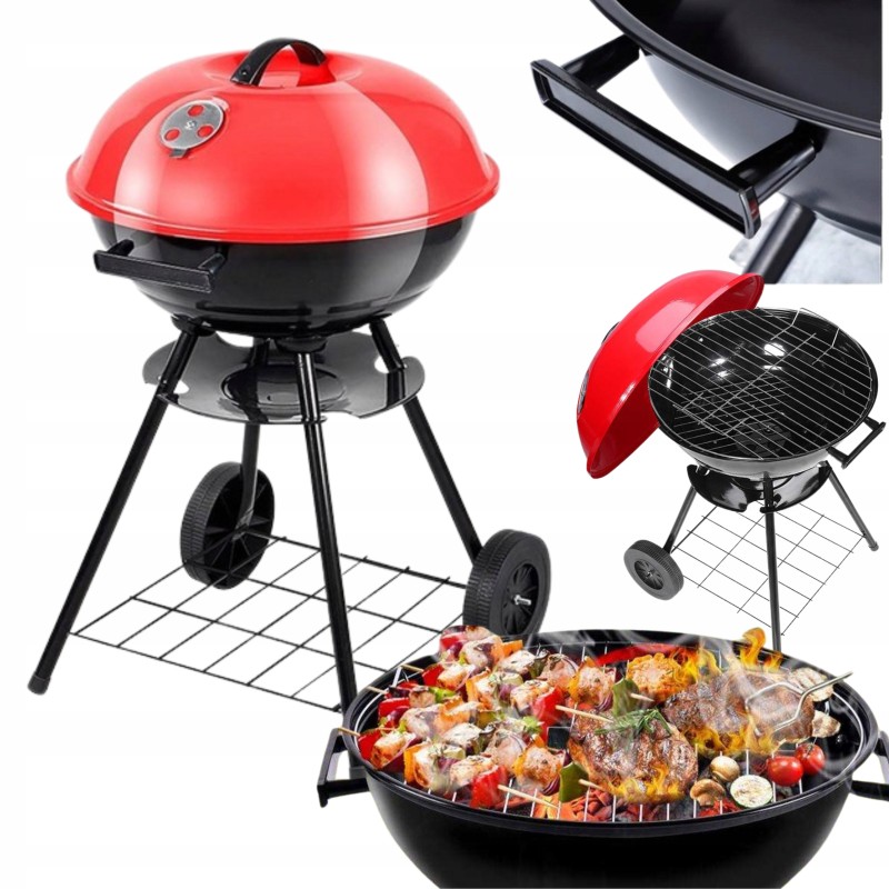 Nešiojama apvali medžio anglies kepsninė, dangtis, peleninė, ratai, kepsninės grotelės