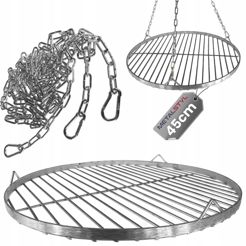 ⭐️Apvalios nerūdijančio plieno židinio grotelės 45cm su pakabinama grandine⭐️