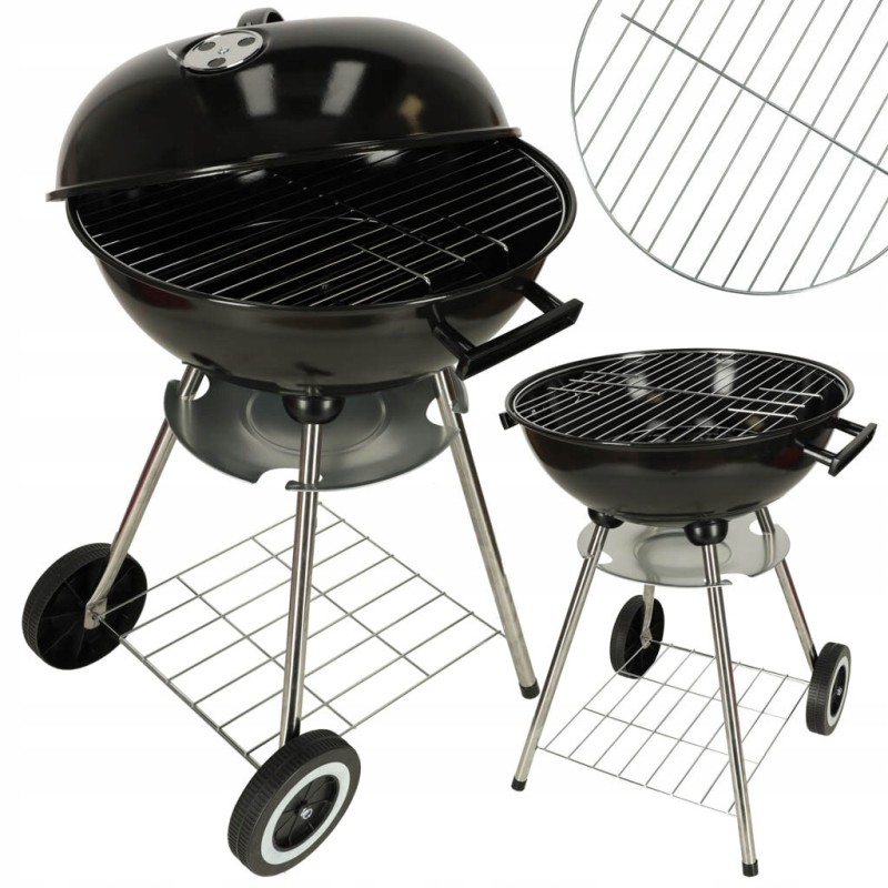 Garden charcoal grill for briquettes, closed, with a cover, ventilation and a shelf