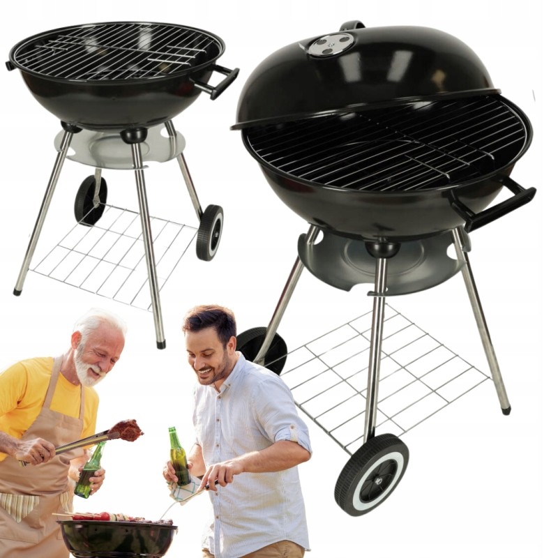 Garden grill for briquettes, closed, with a cover with ventilation and a spacious shelf