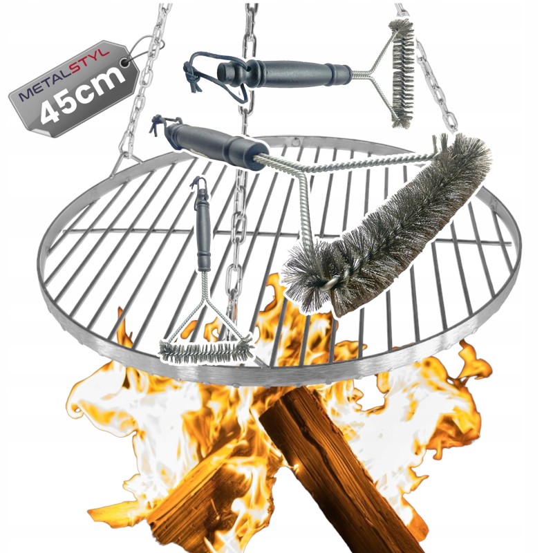 ⭐️Apvalios nerūdijančio plieno židinio grotelės 45cm su pakabinama grandine, grotelių valymo šepečiu⭐️