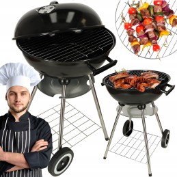 Garden charcoal grill for briquettes, closed, with cover, ventilation, shelf