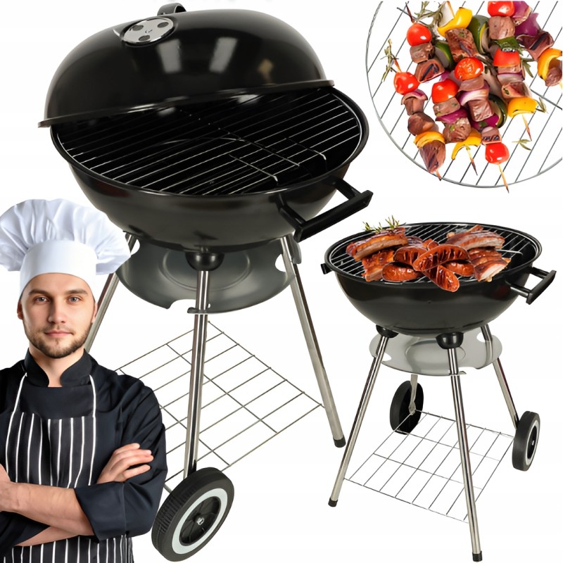 Garden charcoal grill for briquettes, closed, with cover, ventilation, shelf