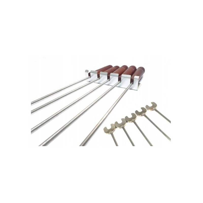 Nerūdijančio plieno kepimo šakės 120 cm, rinkinyje 5 vnt. + atramos + kabykla