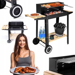 Didelė sodo anglių kepsninė ant ratų, grotelės, 2 lentynos, bbq briketų grilis