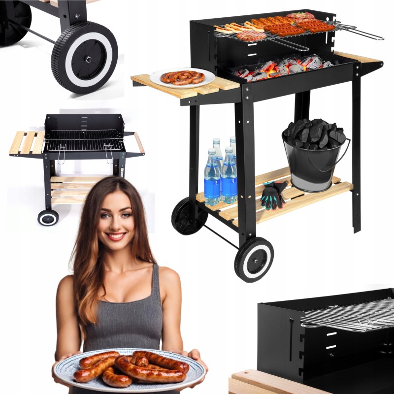 Didelė sodo anglių kepsninė ant ratų, grotelės, 2 lentynos, bbq briketų grilis