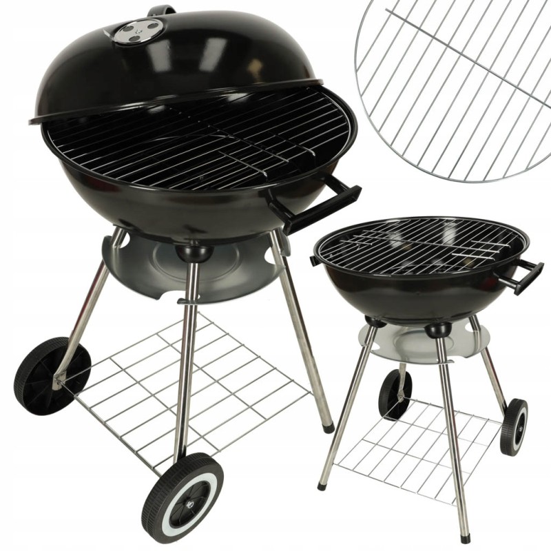 Round garden charcoal grill, closed, with lid and shelf, 41 cm
