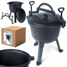 Ant kojų stovintis ketaus katilas su dangčiu, medžioklės puodas laužui, 4l