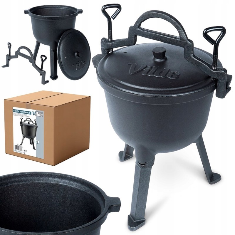 Ant kojų stovintis ketaus katilas su dangčiu, medžioklės puodas laužui, 4l