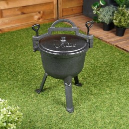 Ant kojų stovintis ketaus katilas su dangčiu, medžioklės puodas laužui, 4l