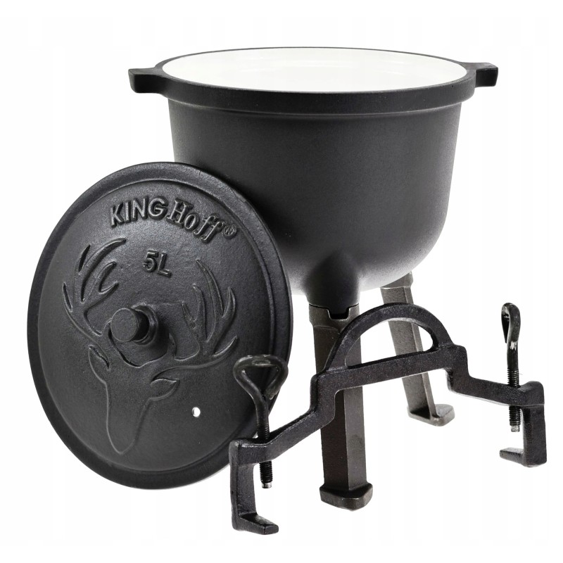 Medžioklinis virdulys 5 litrų, emalis, ketaus puodas laužui, emaliuotas grilis