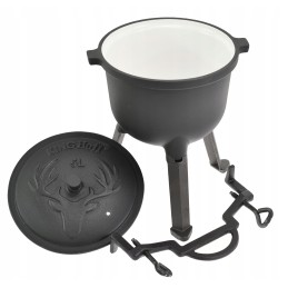 Medžioklinis virdulys 5 litrų, emalis, ketaus puodas laužui, emaliuotas grilis