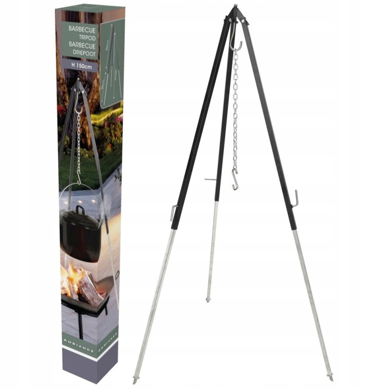 Katilo stovas, reguliuojamos grilio grotelės, trikojis, 150 cm