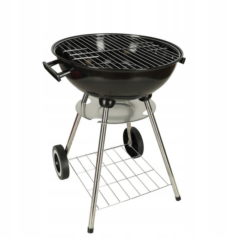 Large charcoal garden grill for briquettes, closed with a lid, ventilation, shelf