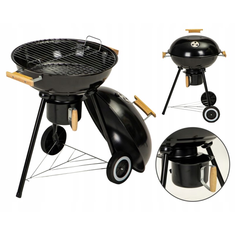 Didelės apvalios medžio anglies kepsninės ant ratų su kepsninės dangčiu