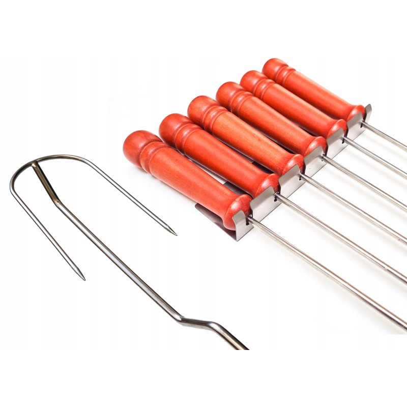 Nerūdijančio plieno kepsninės laužo lazdos, 130 cm, 6 vnt, kabykla