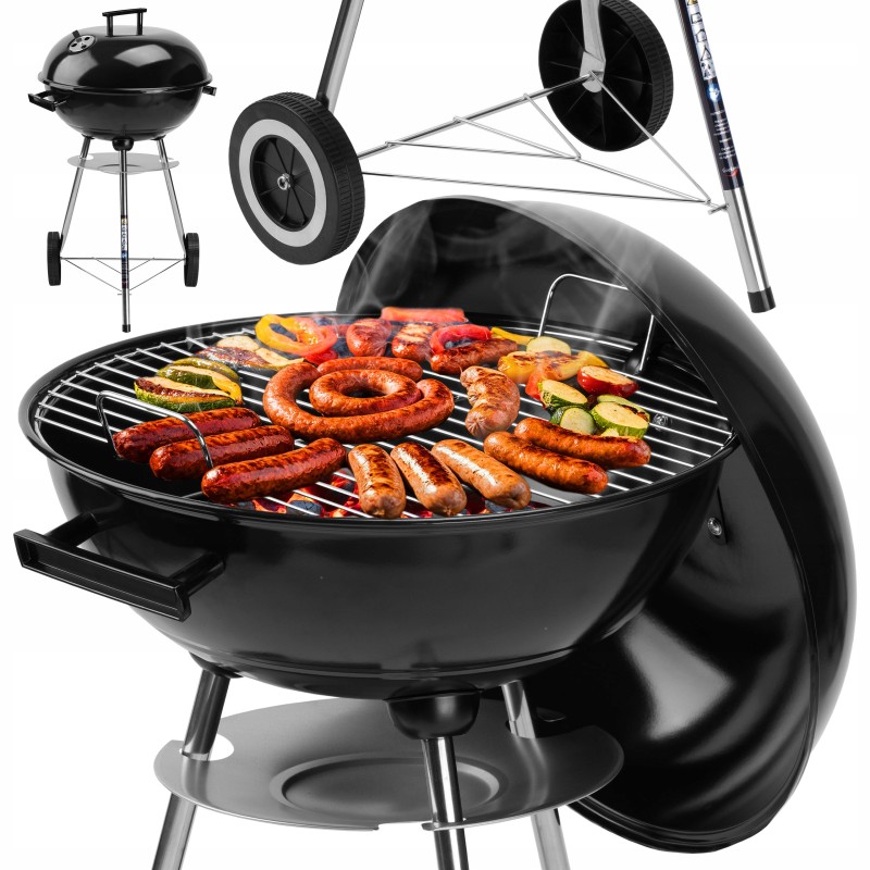 Grilis su anglimis, sodo grilis su dangčiu ant ratukų, pelenų keptuvė, grotelės, 41 cm