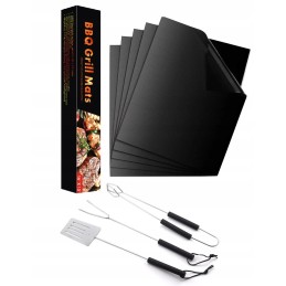 Grilio rinkinys: 3 stalo įrankių rinkinys + 5 vnt tefloninis kilimėlis griliui arba orkaitei