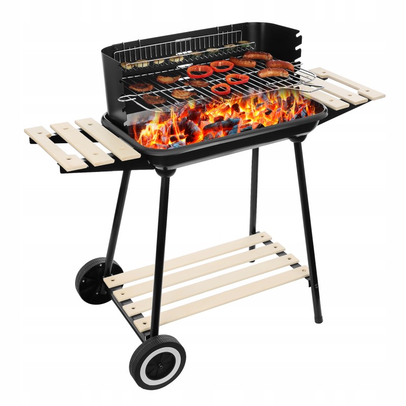 Sodo anglies grilis ant ratų su 3 lentynomis, didelėmis grotelėmis