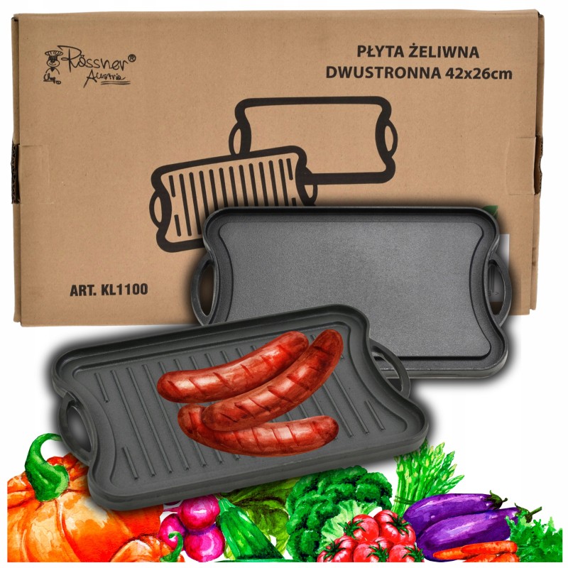 Grilio lėkštė, ketaus padėklas, židinys, dvipusė keptuvė, grotelės, 42x25cm