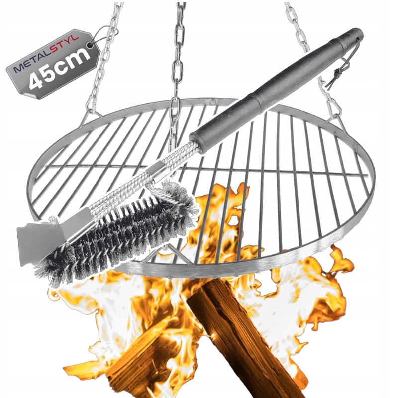 ⭐️Židinio grilio grotelės, apvalios, nerūdijančios, 45cm, su pakabinama grandine, grotelių valymo šepečiu ⭐️