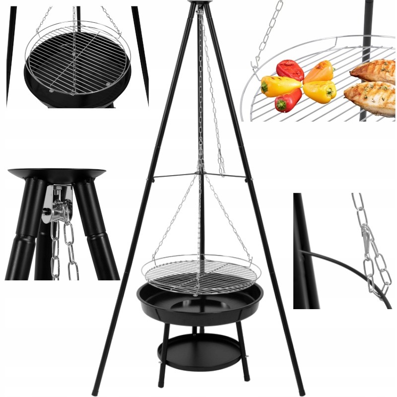 Sodo pakabinamas grilis, trikojis židinys, 46 cm grotelės