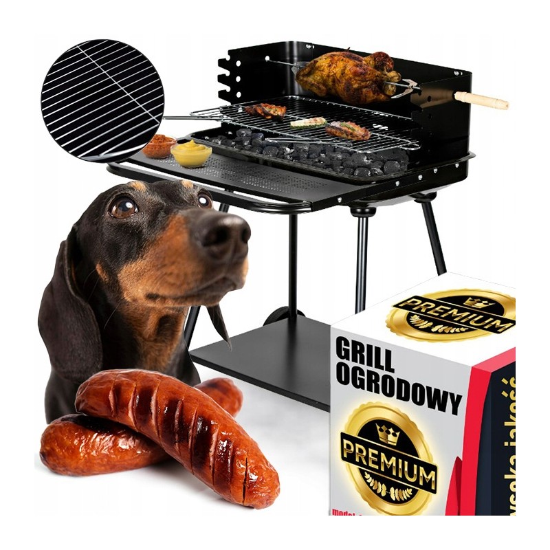 Didelė anglinė sodo kepsninė su iešmu ir reguliuojamomis grotelėmis, tvirto metalo