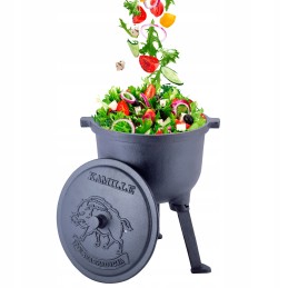 Mažas emaliuotas vengriškas ketaus katilas 4l su trikojo dangčiu židiniui