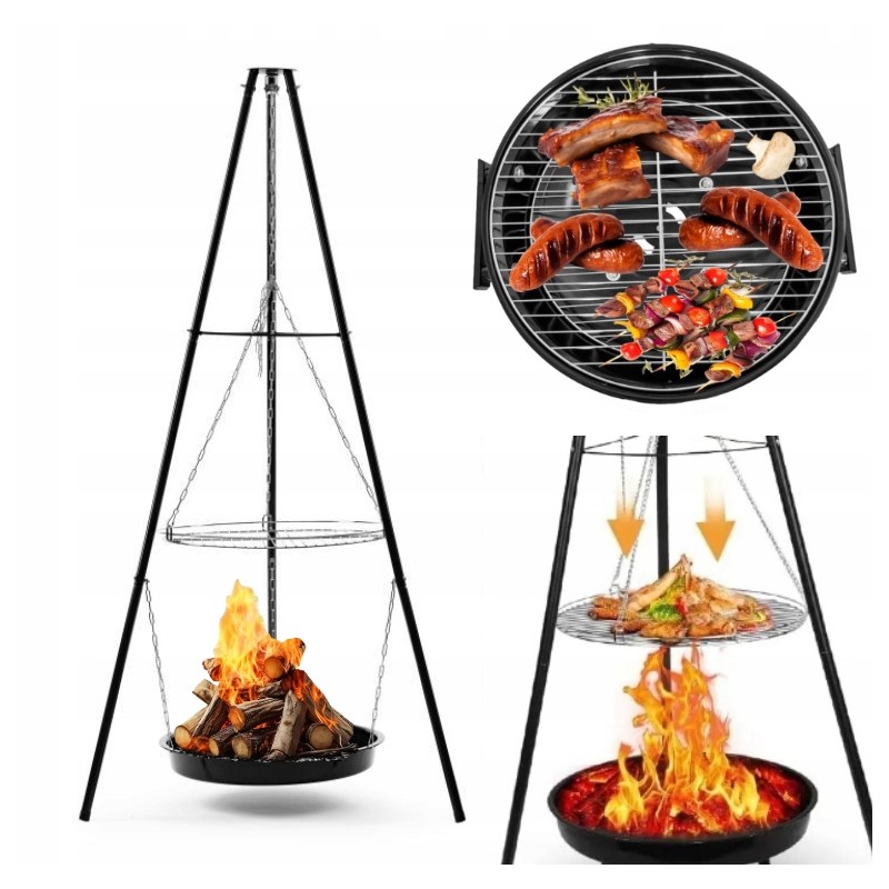 Trikojis židinys grilis sodo židinys pakabinamas didelės grotelės 45 cm 2in1