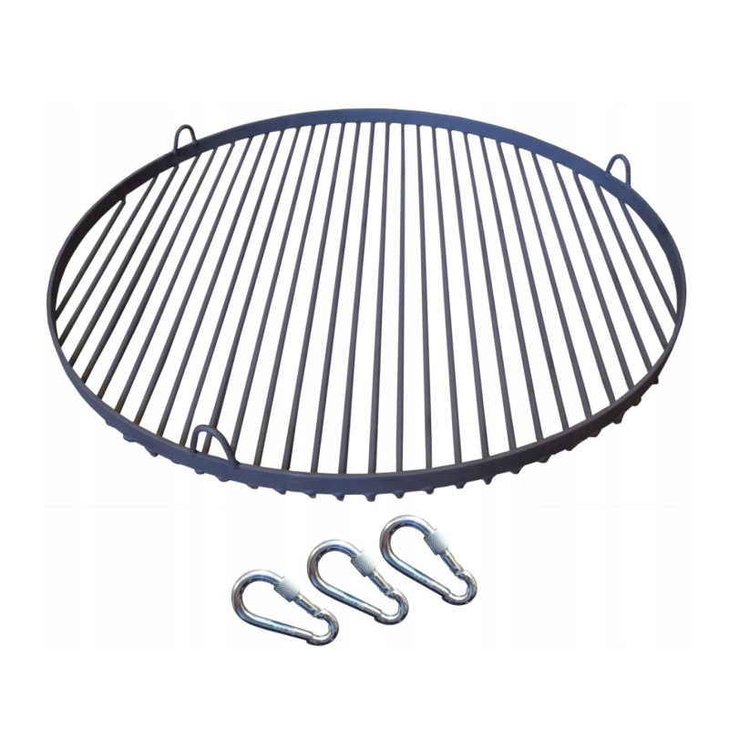 Plieninės grotelės, kurių skersmuo 60,5 cm. grotelės tinka grandinėle patraukiamiems trikojams, laužui, židiniui ir kt.