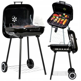 Didelė sodo anglių kepsninė briketams uždengta BBQ pelenine, grotelėmis su ratukais