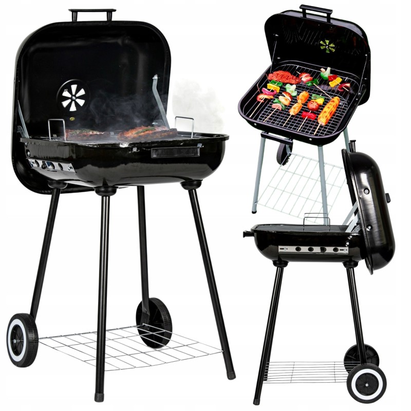 Didelė sodo anglių kepsninė briketams uždengta BBQ pelenine, grotelėmis su ratukais