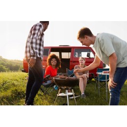 Garden grill for charcoal briquettes, round, adjustable grate, shelf on wheels
