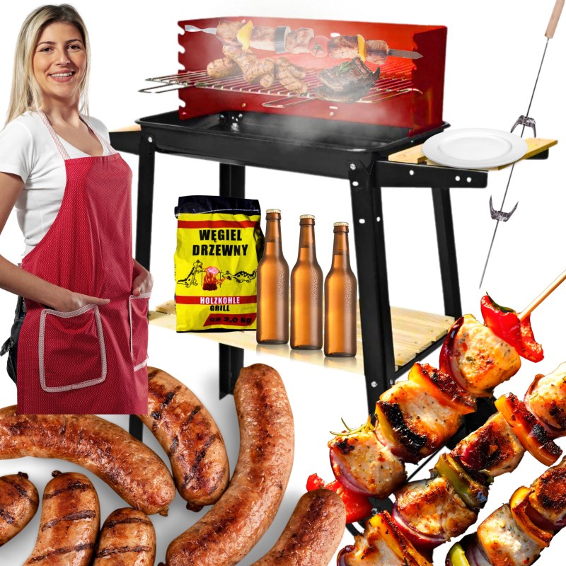 Ogļu dārza grils uz riteņiem, 2 plaukti, liela tūristu restīte