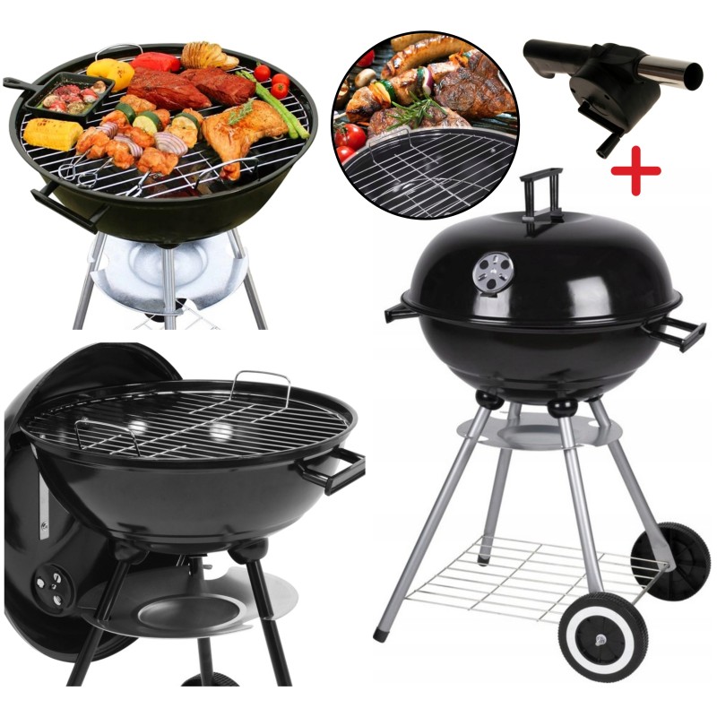 Turistinės sodo anglies grilis ant ratų su nemokamu pūstuvo gaubtu