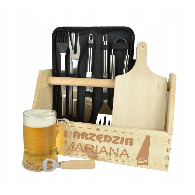 Gegužės dienos kepsnių rinkinys, nešiklis su graviruotu puodeliu