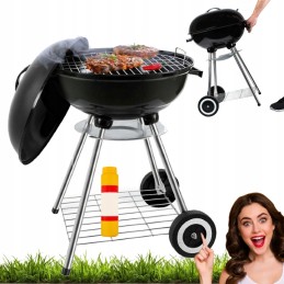 Sodo anglies grilis su dangteliu, didelė apvali pelenų keptuvė, ratukai, lentyna