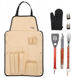 7 dalių kepsninės reikmenų rinkinys, kepsninės žnyplės, mentelė, kasimo šakės prijuostė, pirštinė ir druskos purtyklė, kepsninės