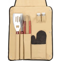 7 dalių kepsninės reikmenų rinkinys, kepsninės žnyplės, mentelė, kasimo šakės prijuostė, pirštinė ir druskos purtyklė, kepsninės