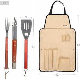 7 dalių kepsninės reikmenų rinkinys, kepsninės žnyplės, mentelė, kasimo šakės prijuostė, pirštinė ir druskos purtyklė, kepsninės