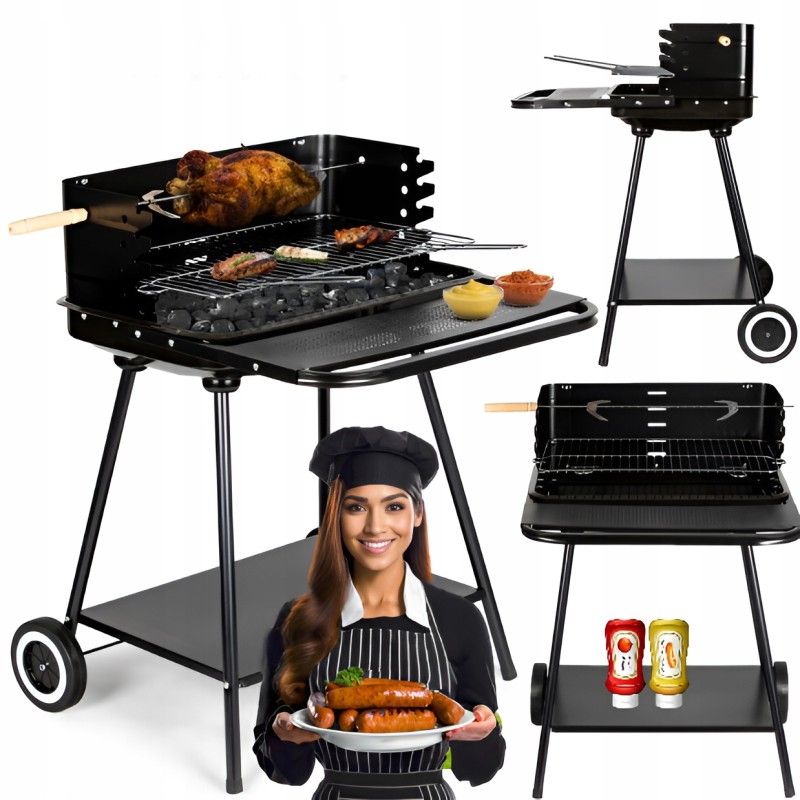 Metalinė anglis sodo kepsninė su iešmu, didelė briketinė kepsninė su lentynomis