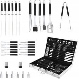 XXL grilio rinkinys lagamine, priedai, 33 viename plieniniai grilio indai