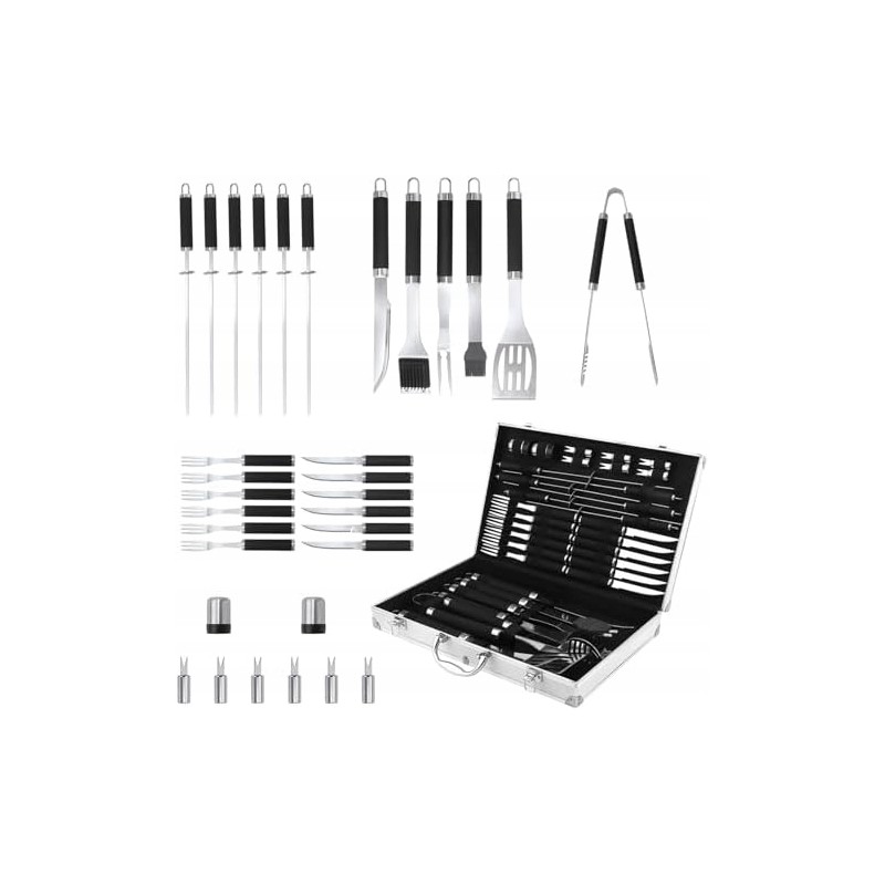XXL grilio rinkinys lagamine, priedai, 33 viename plieniniai grilio indai