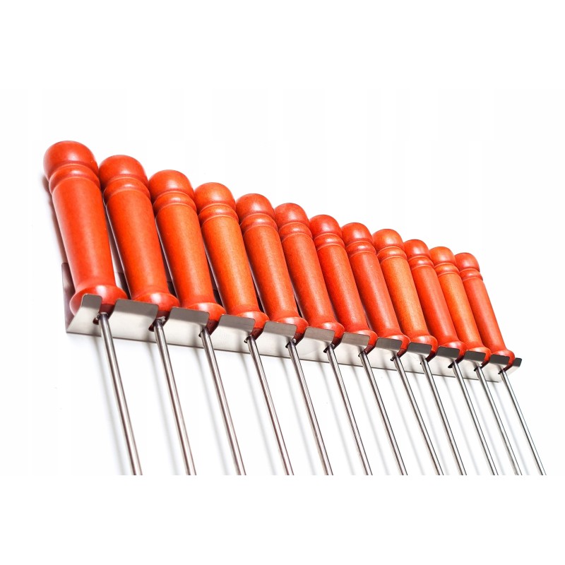 Nerūdijančio plieno kepsninės laužo lazdos, 120 cm, 12 vnt, kabykla