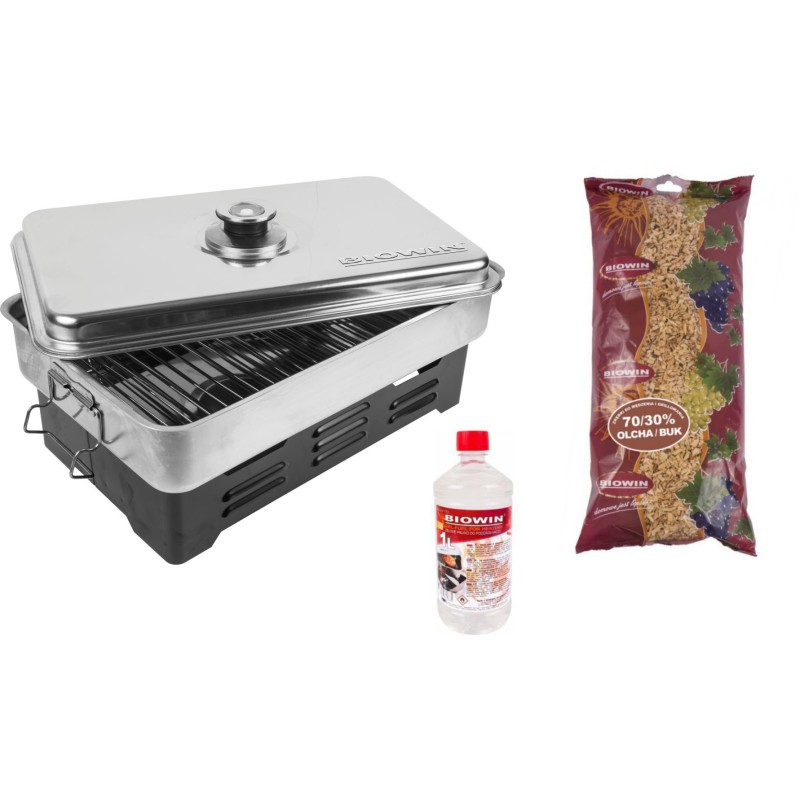 Biowin 330001 nešiojama rūkykla su termometru + alksnio/buko drožlės 450g + gelinis kuras 1l