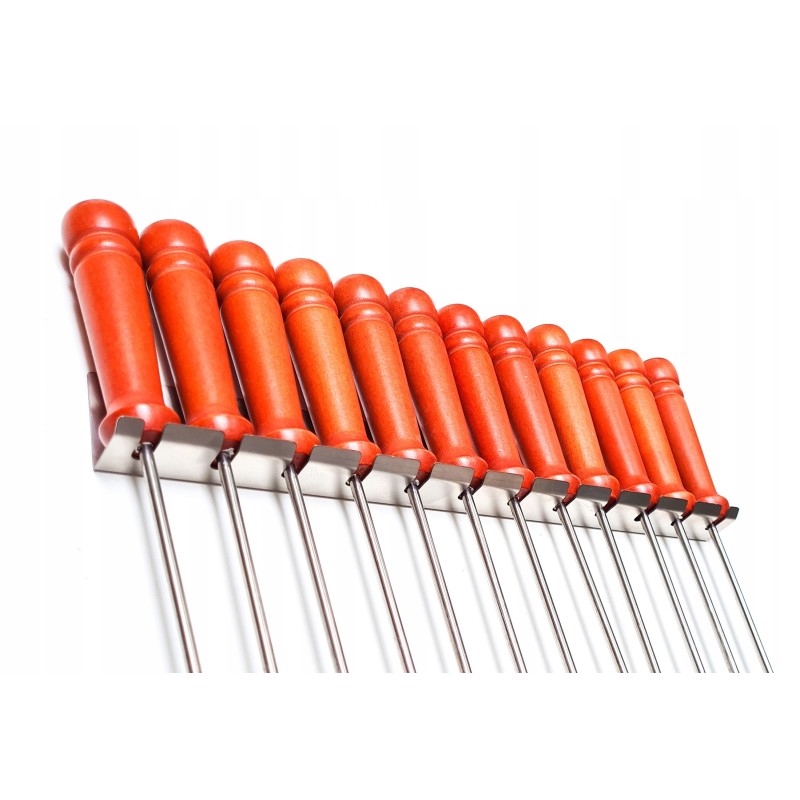 Nerūdijančio plieno kepsninės laužo lazdos, 120 cm, 12 vnt, kabykla