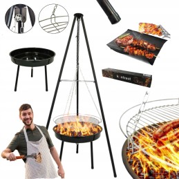 Grilis, nešiojamas sodo židinys, tvirtos grotelės, didelis trikojis + tefloninis kilimėlis