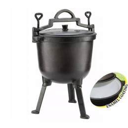 Ketaus katilas, emaliuotas, medžioklinis puodas, stovintis prie laužo, grilis, 4l